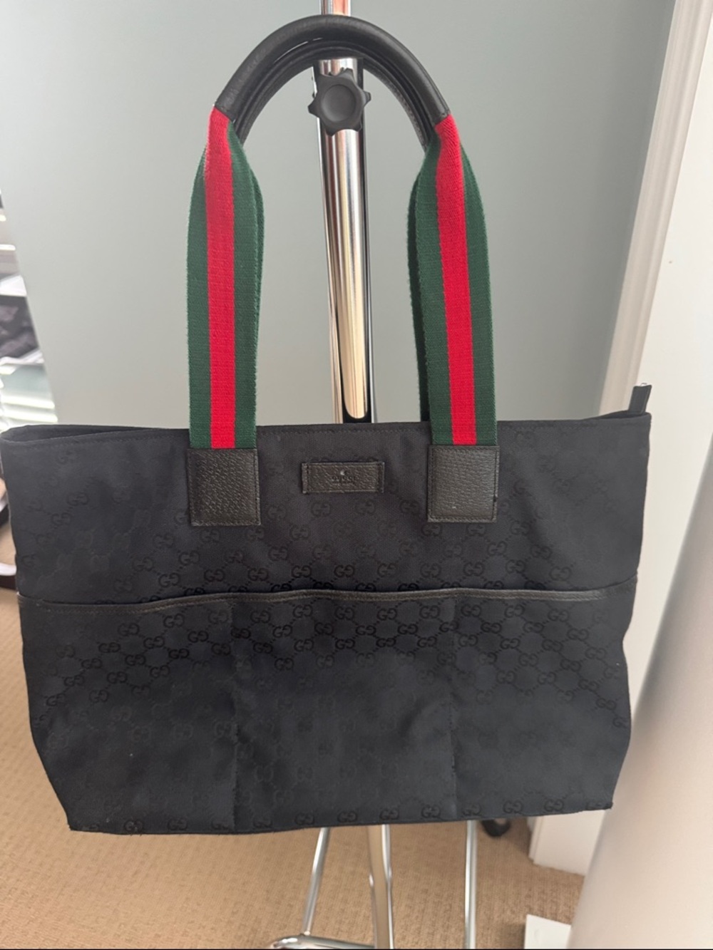 Gucci Black GG Monogram Tote with Green and Red Web Handles